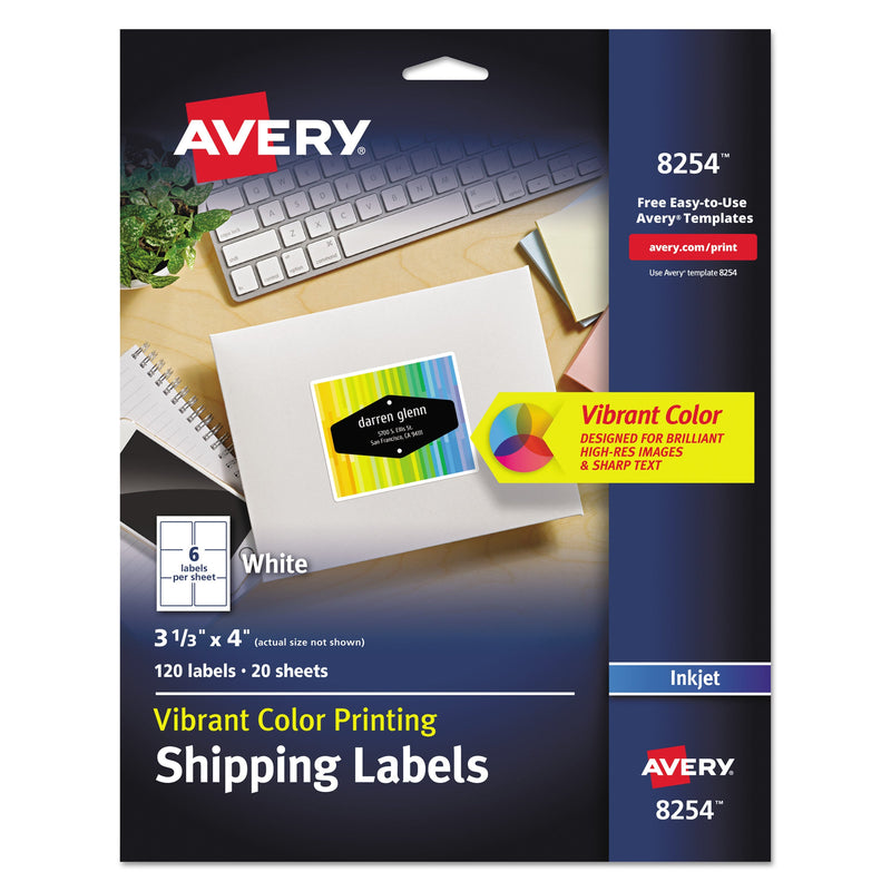 Avery Vibrant Inkjet Color-Print Labels w/ Sure Feed, 3.33 x 4, Matte White, 120/PK