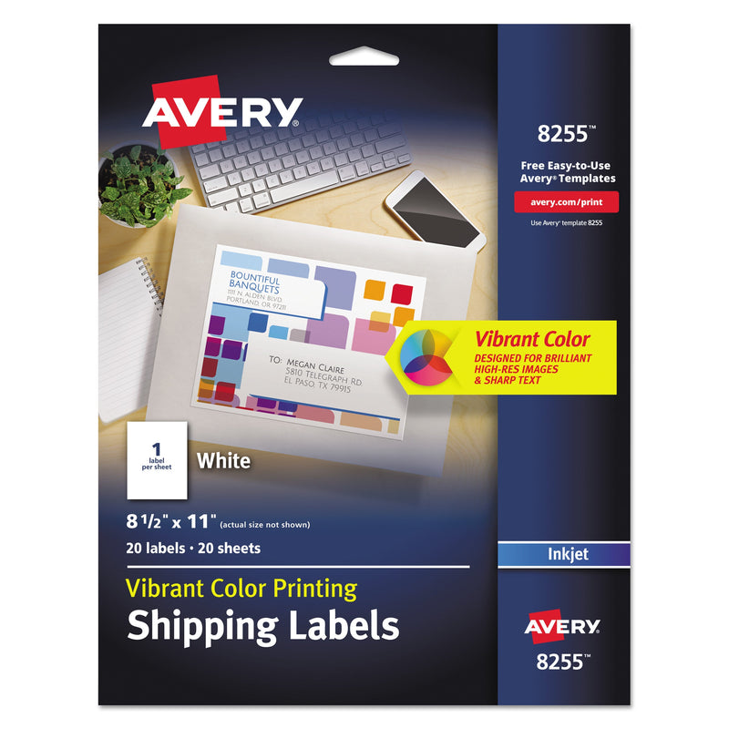 Avery Full-Sheet Vibrant Inkjet Color-Print Labels, 8.5 x 11, Matte White, 20/Pack