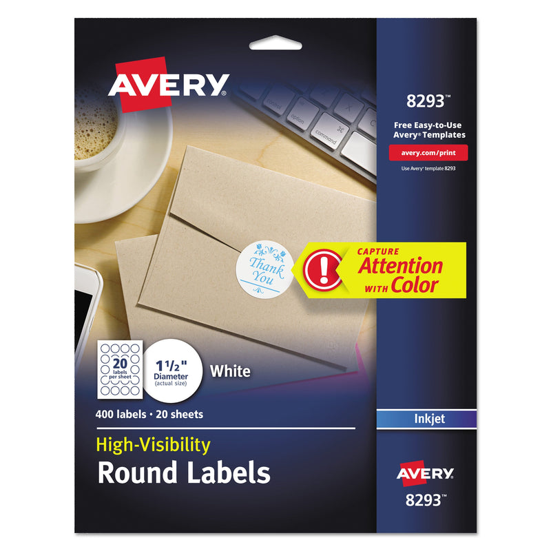 Avery Vibrant Inkjet Color-Print Labels w/ Sure Feed, 1.5" dia, White, 400/PK