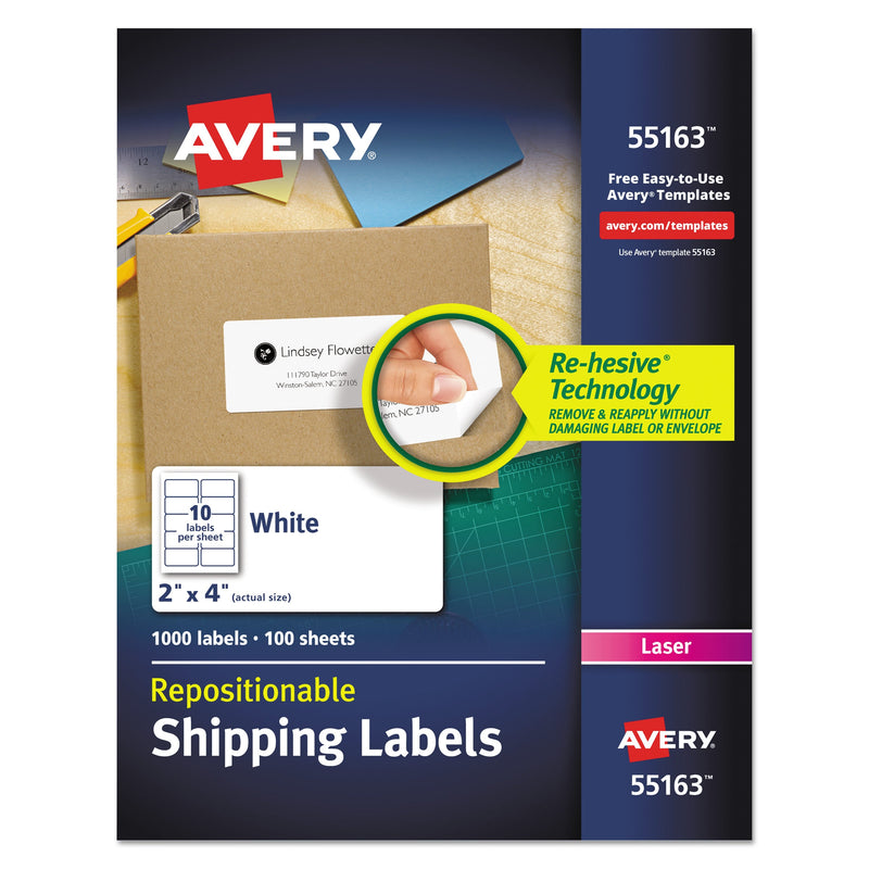 Avery Repositionable Shipping Labels w/Sure Feed, Inkjet/Laser, 2 x 4, White, 1000/Box