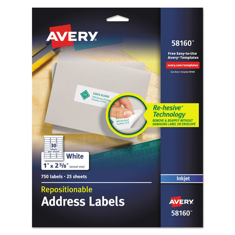 Avery Repositionable Address Labels w/SureFeed, Inkjet/Laser, 1 x 2.63, White, 750/BX