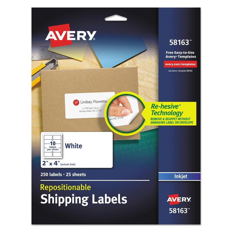 Avery Repositionable Address Labels w/Sure Feed, Inkjet/Laser, 2 x 4, White, 250/Box