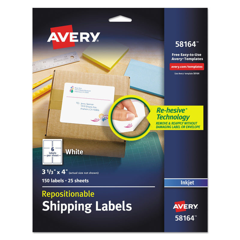 Avery Repositionable Shipping Labels w/SureFeed, Inkjet, 3.33 x 4, White, 150/Box