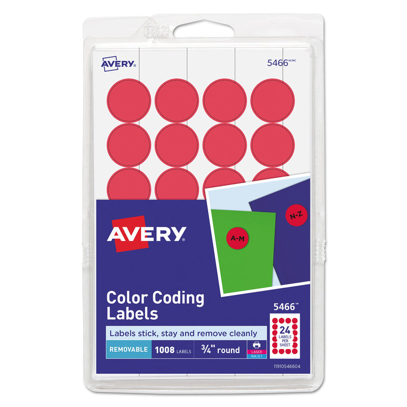 Avery Printable Self-Adhesive Removable Color-Coding Labels, 0.75" dia, Red, 24/Sheet, 42 Sheets/Pack, (5466)