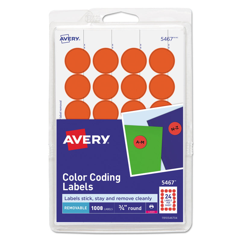 Avery Printable Self-Adhesive Removable Color-Coding Labels, 0.75" dia, Neon Red, 24/Sheet, 42 Sheets/Pack, (5467)