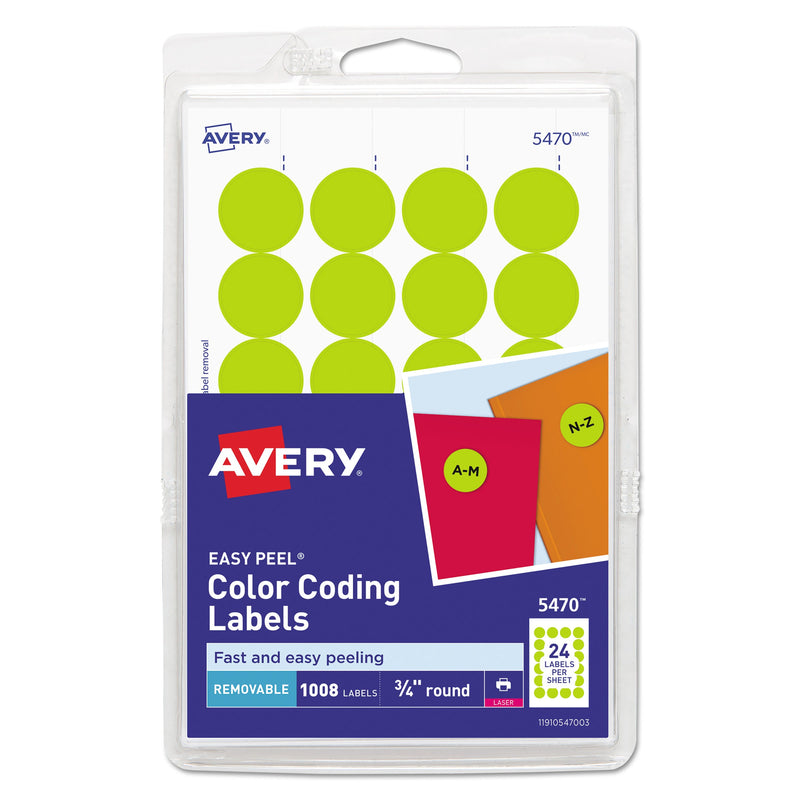 Avery Printable Self-Adhesive Removable Color-Coding Labels, 0.75" dia, Neon Yellow, 24/Sheet, 42 Sheets/Pack, (5470)