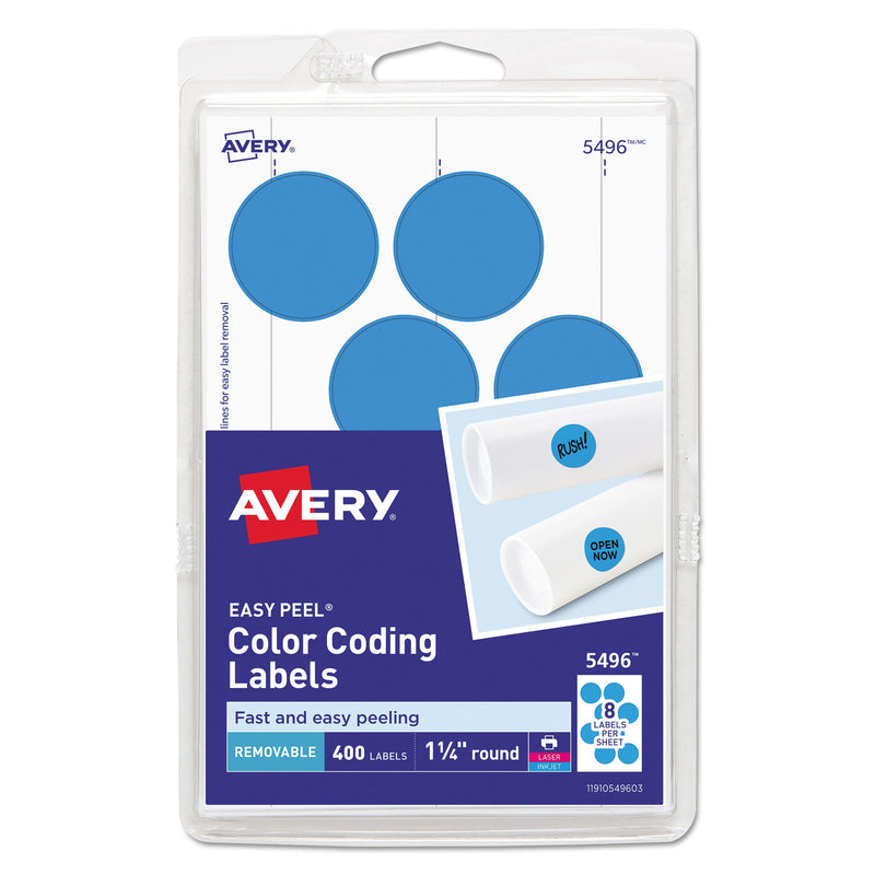 Avery Printable Self-Adhesive Removable Color-Coding Labels, 1.25" dia, Light Blue, 8/Sheet, 50 Sheets/Pack, (5496)