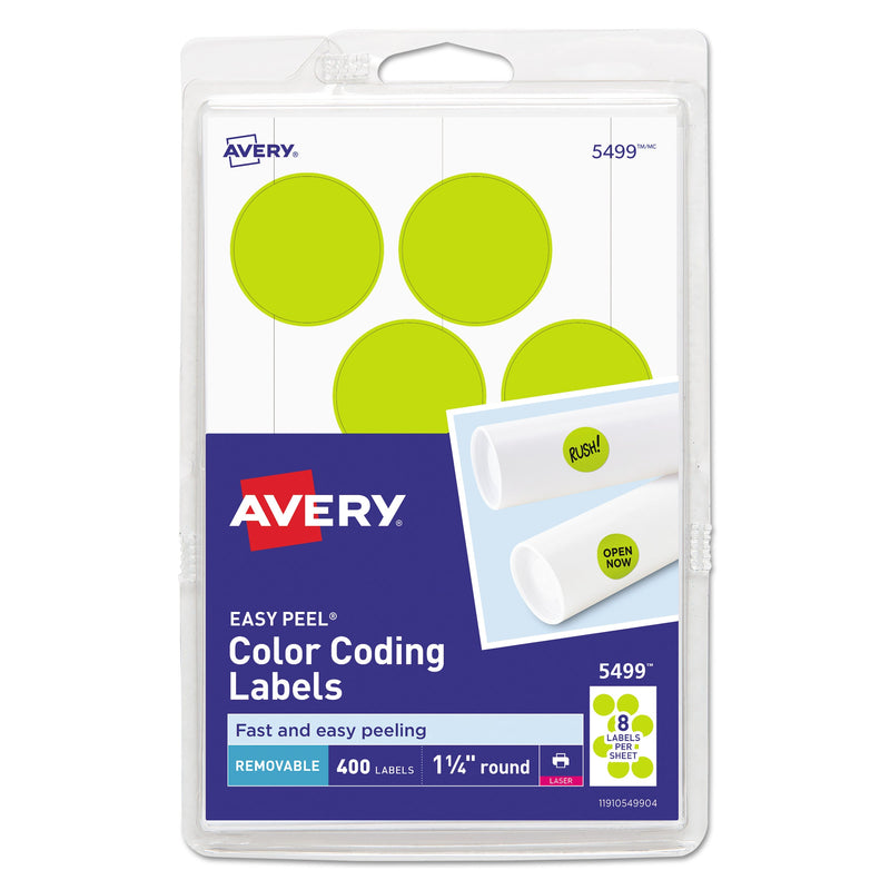 Avery Printable Self-Adhesive Removable Color-Coding Labels, 1.25" dia, Neon Yellow, 8/Sheet, 50 Sheets/Pack, (5499)