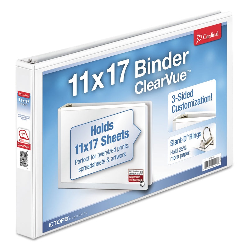 Cardinal ClearVue Slant-D Ring Binder, 3 Rings, 1" Capacity, 11 x 17, White