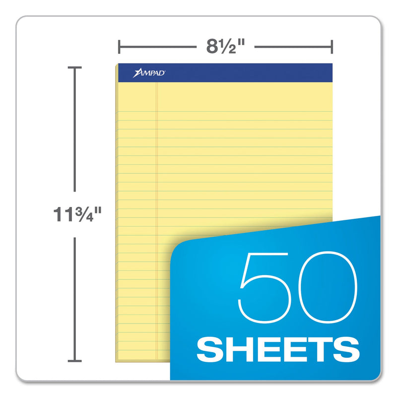 Ampad Perforated Writing Pads, Wide/Legal Rule, 50 Canary-Yellow 8.5 x 11.75 Sheets, Dozen