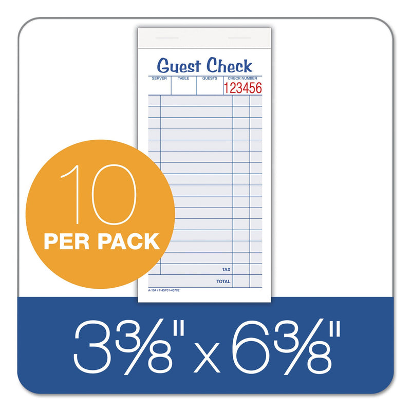 Adams Guest Check Unit Set, Two-Part Carbonless, 6.38 x 3.38, 1/Page, 50 Forms/Pad, 10 Pads/Pack