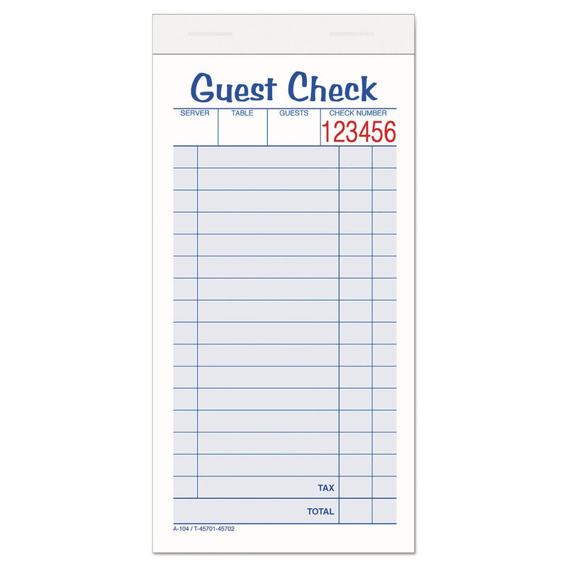 Adams Guest Check Unit Set, Two-Part Carbonless, 6.38 x 3.38, 1/Page, 50 Forms/Pad, 10 Pads/Pack
