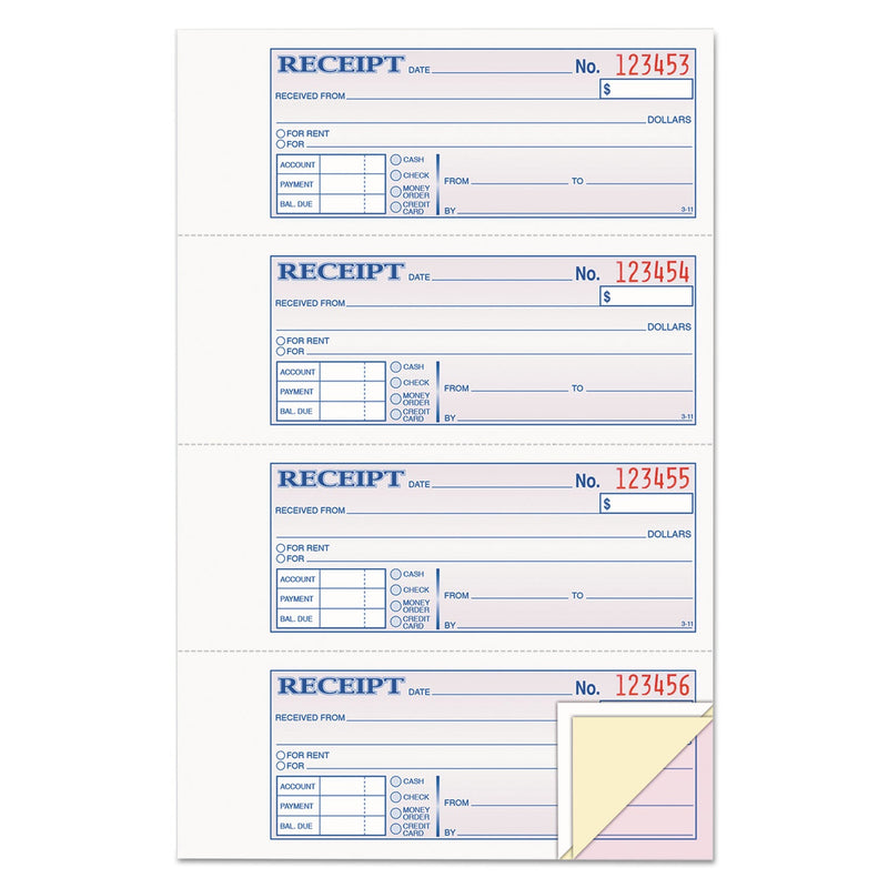 Adams Receipt Book, Three-Part Carbonless, 7.19 x 11, 4/Page, 100 Forms