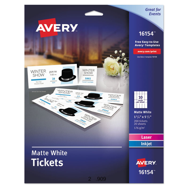 Avery Printable Tickets w/Tear-Away Stubs, 97 Bright, 65 lb Cover Weight, 8.5 x 11, White, 10 Tickets/Sheet, 20 Sheets/Pack
