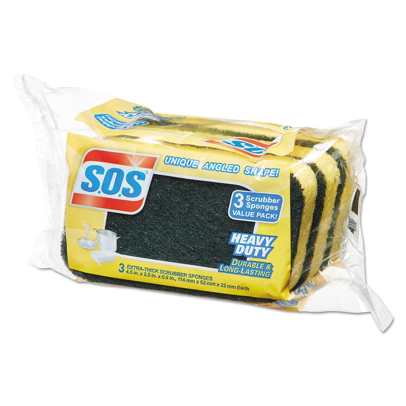 S.O.S. Heavy Duty Scrubber Sponge, 2.5 x 4.5, 0.9" Thick, Yellow/Green, 3/Pack, 8 Packs/Carton