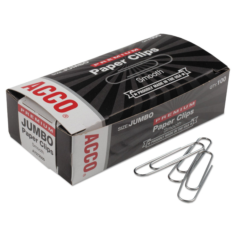 ACCO Premium Heavy-Gauge Wire Paper Clips, Jumbo, Smooth, Silver, 100 Clips/Box, 10 Boxes/Pack