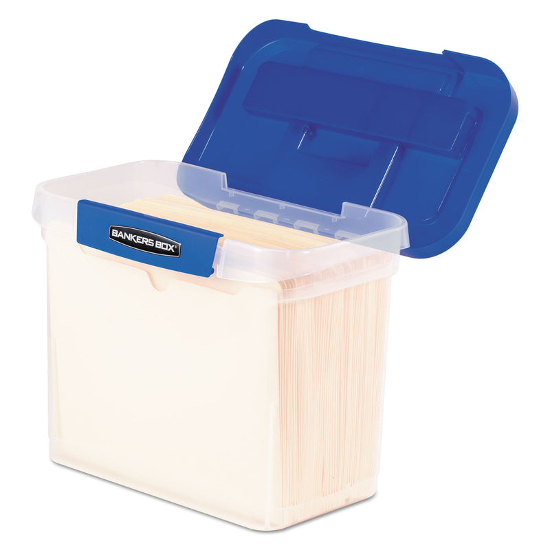Bankers Box Heavy-Duty Portable File Box, Letter Files, 14.25" x 8.63" x 11.06", Clear/Blue