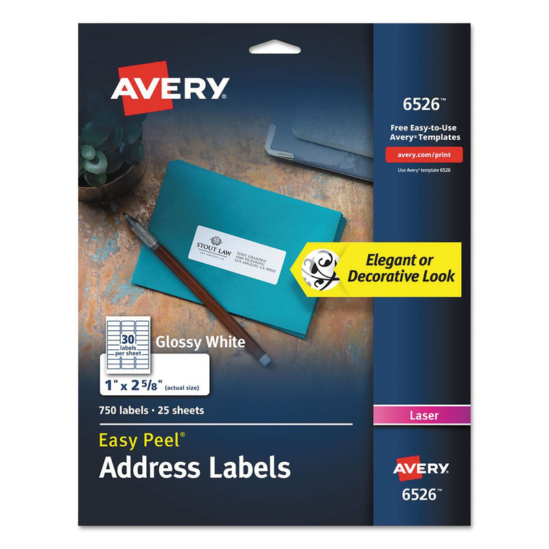 Avery Glossy White Easy Peel Mailing Labels w/ Sure Feed Technology, Laser Printers, 1 x 2.63, White, 30/Sheet, 25 Sheets/Pack