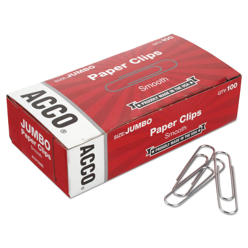 ACCO Paper Clips, Jumbo, Smooth, Silver, 100 Clips/Box, 10 Boxes/Pack