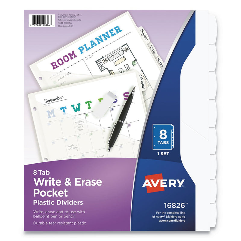 Avery Write and Erase Durable Plastic Dividers with Straight Pocket, 8-Tab, 11.13 x 9.25, White, 1 Set