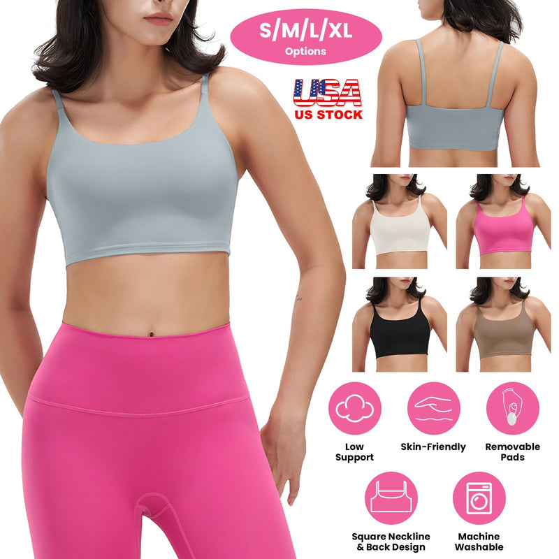 Women Strap Sport Bras Padded Strappy Crop Square Neck Low Impact Bras Sexy Fitness Tank Tops with Removable Pads Flat Straps for Gym Yoga Workout Run