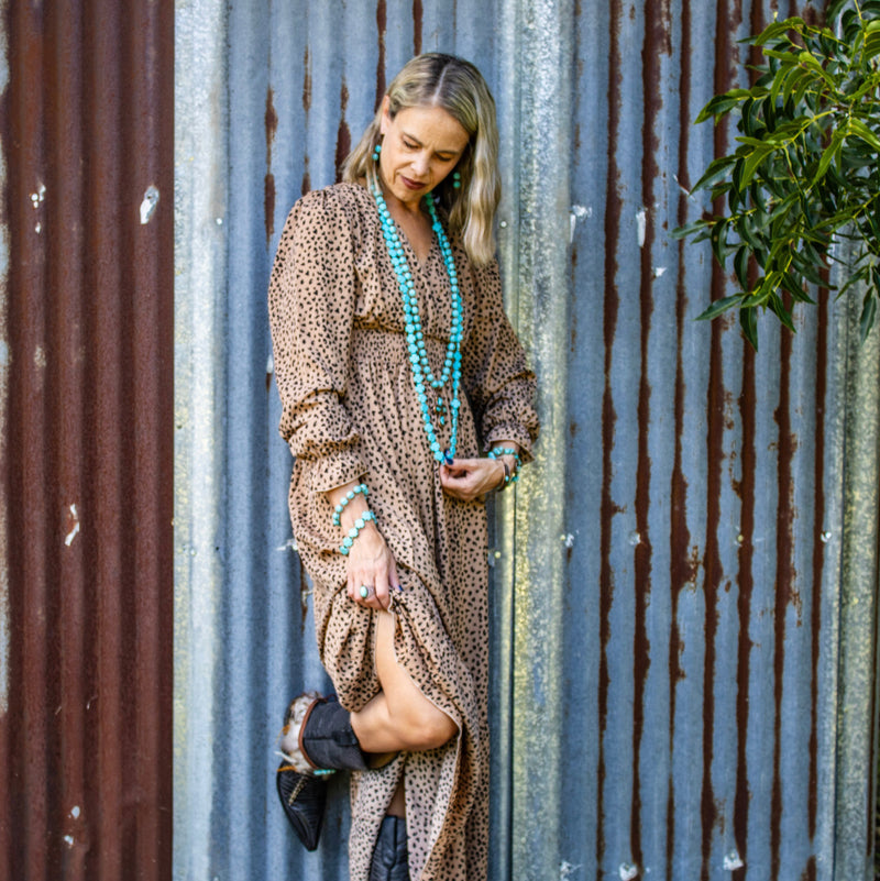 **Blue Turquoise Melon Beaded Necklace w/ Copper Cross 260g
