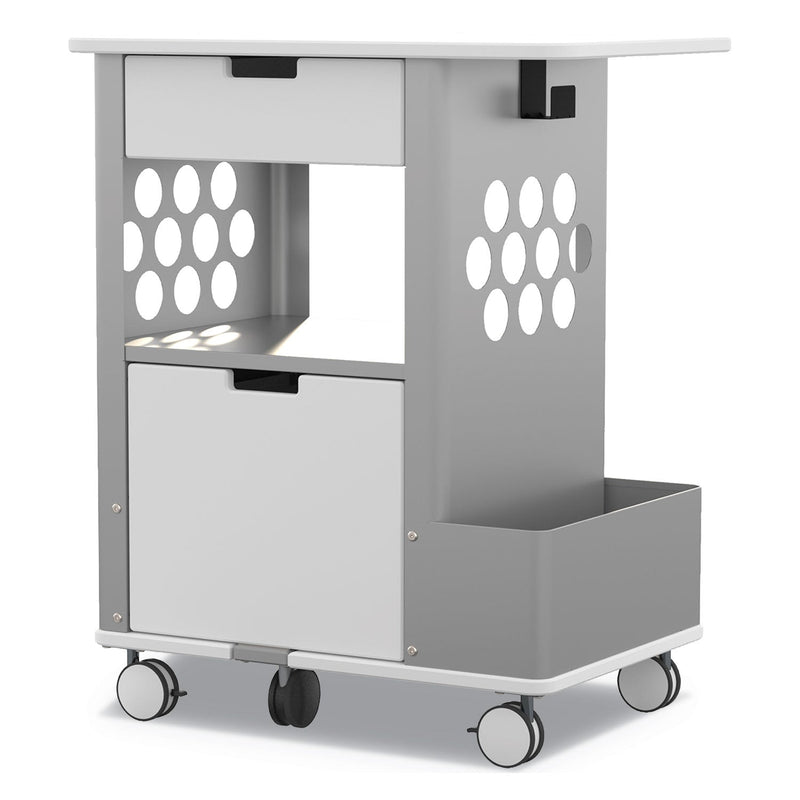 Safco Mobile Storage Cart, Metal, 2 Shelves, 2 Drawers, 1 Bin, 150 lb Capacity, 28" x 20" x 33.5", White