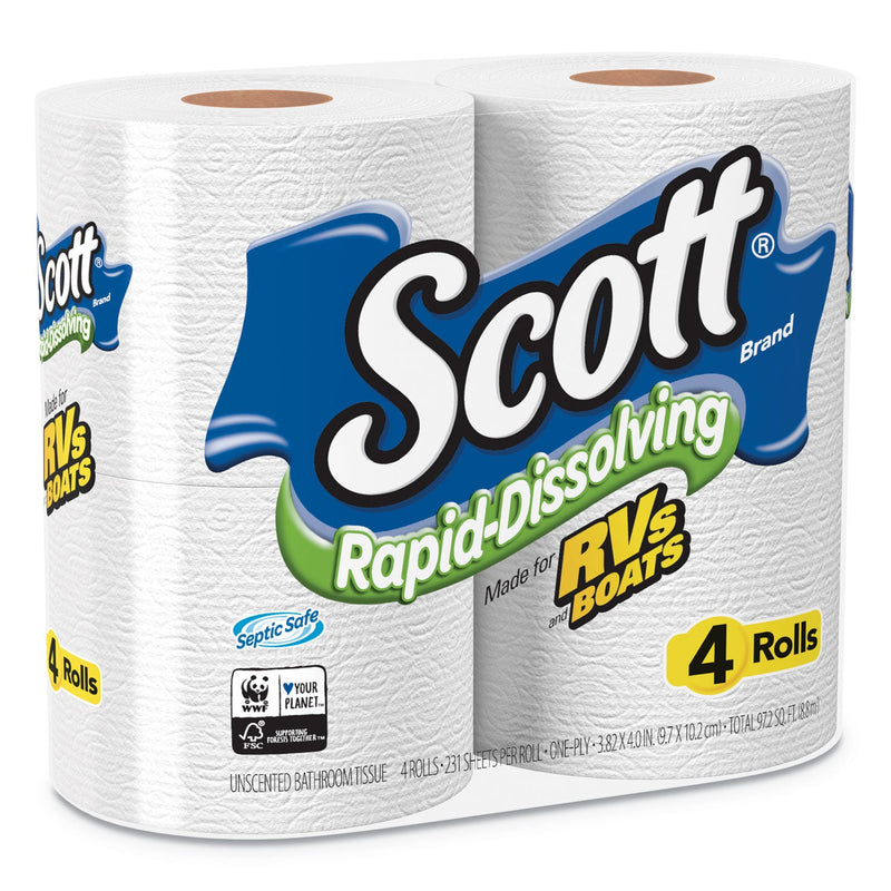 Scott Rapid-Dissolving Toilet Paper, Bath Tissue, Septic Safe, 1-Ply, White, 231 Sheets/Roll, 4/Rolls/Pack, 12 Packs/Carton