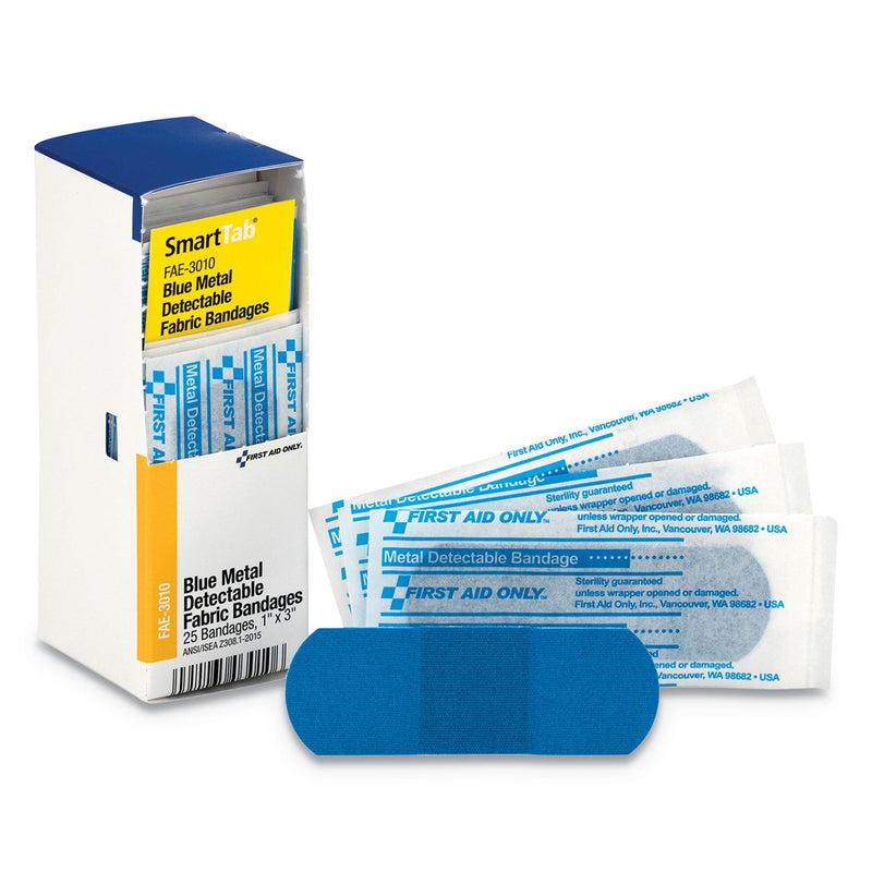 First Aid Only Refill for SmartCompliance General Cabinet, Blue Metal Detectable Bandages,1 x 3, 25/Box