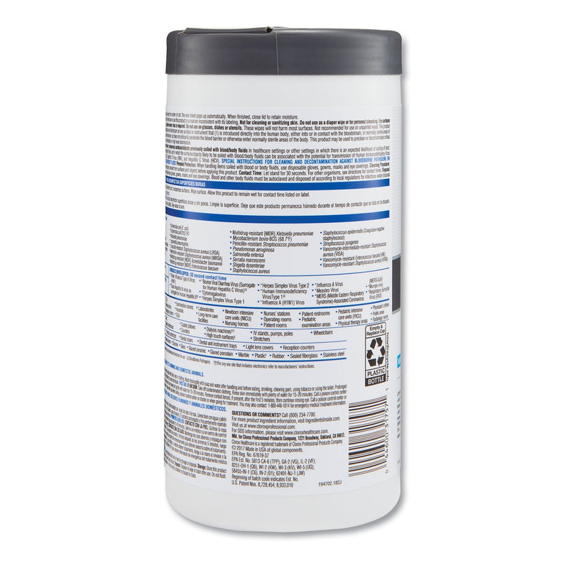 Clorox VersaSure Cleaner Disinfectant Wipes, 1-Ply, 8 x 6.75, White, 85 Towels/Can