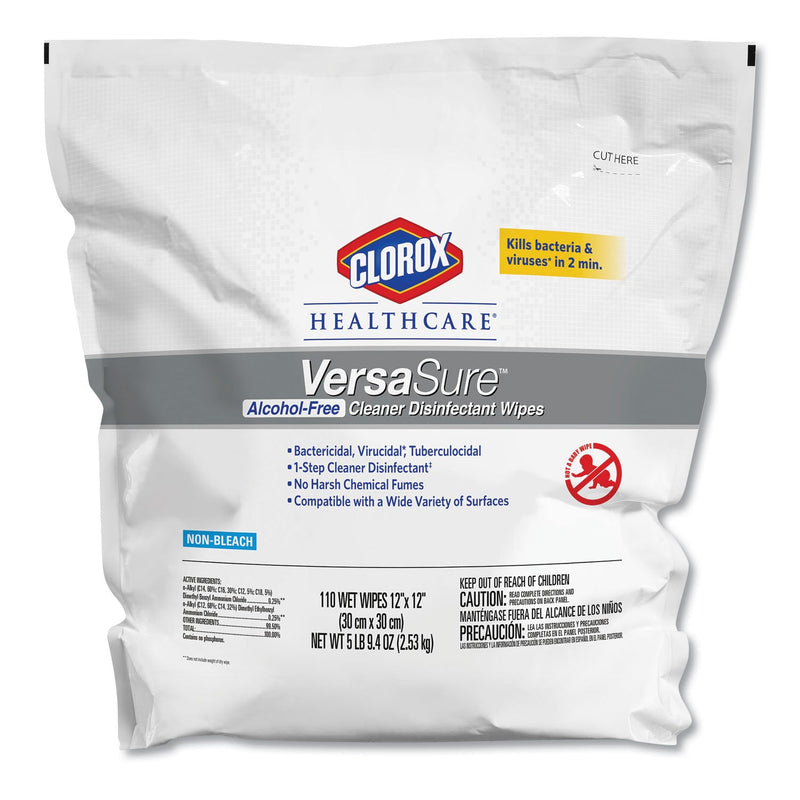 Clorox VersaSure Cleaner Disinfectant Wipes, 1-Ply, 12 x 12, White, 110/Pouch