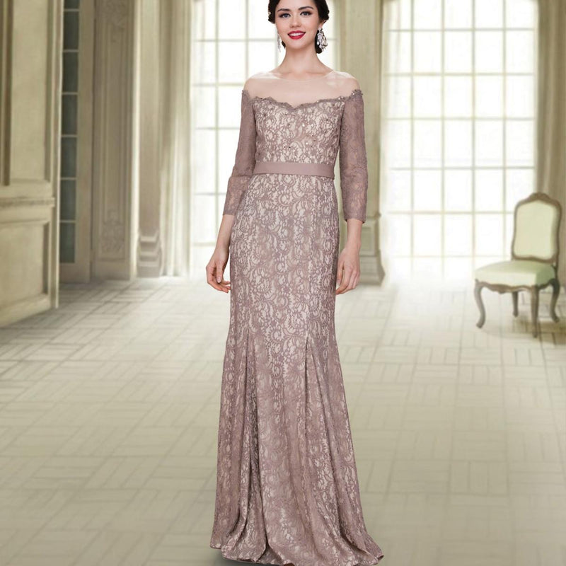 A beautiful gown, off-shoulder, reveals noble air.