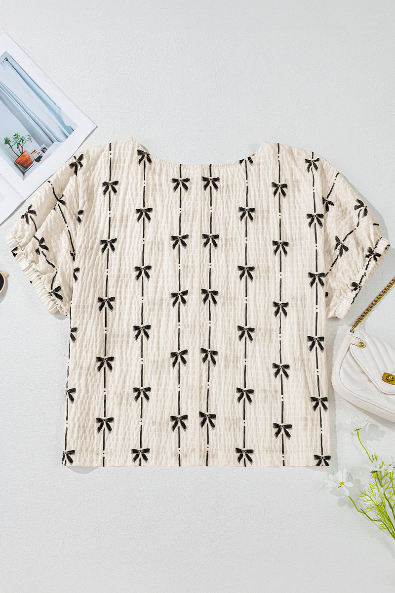 Aviana Bow Print Puff Short Sleeve Top