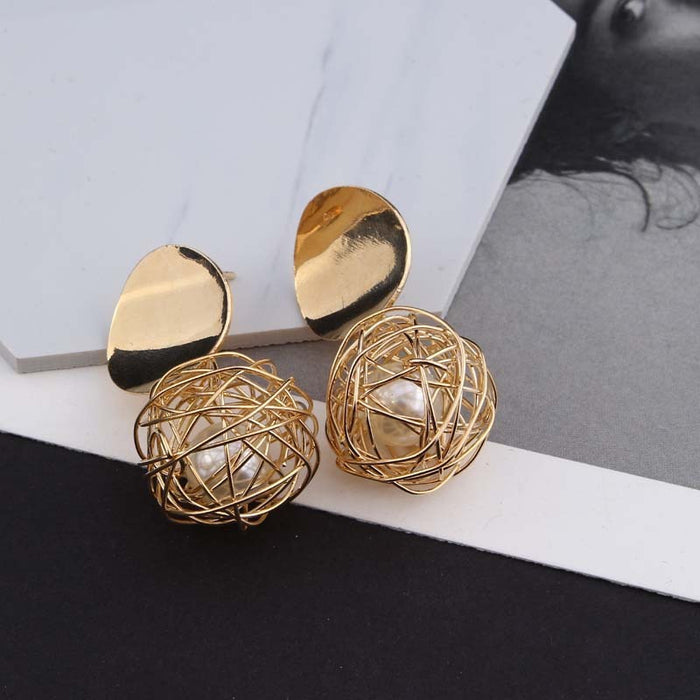Vintage Geometric Earrings Simple Woven Ball Pearl Stud Earrings