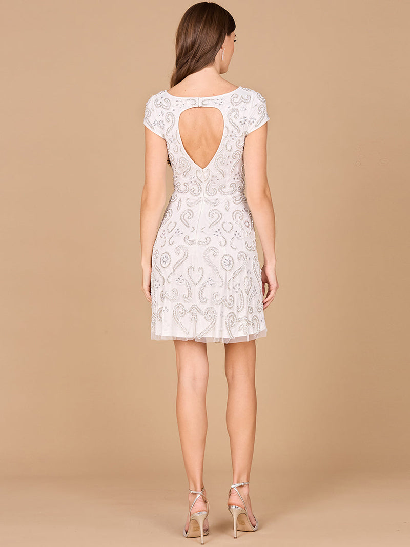 Lara Allison Short Sleeve Beaded Cocktail Dress in Ivory
