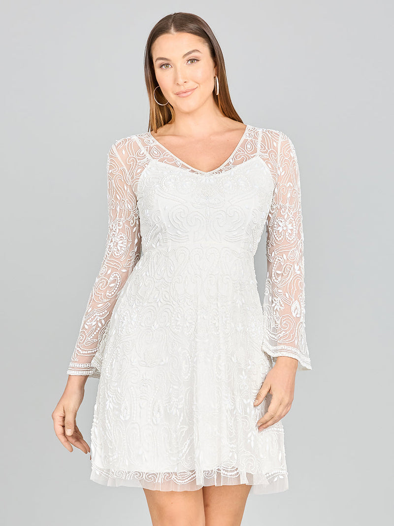 Lara Eliza Beaded A-line Bell Sleeve Bridal Short Dress