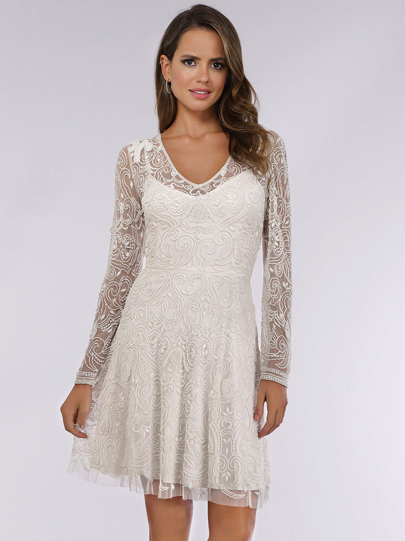 Lara Eliza Beaded A-line Bell Sleeve Bridal Short Dress