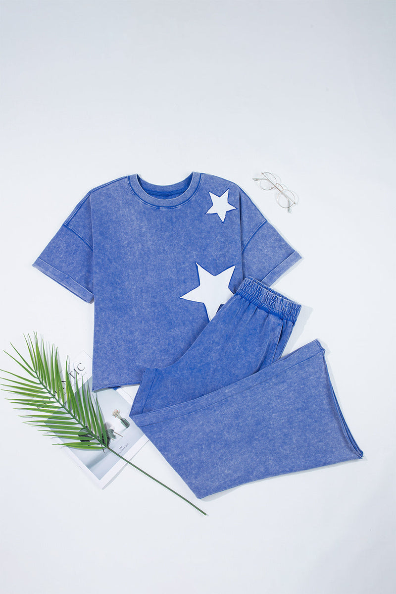 Arabella Acid Wash Star Patched Rolled Trim Pants Set