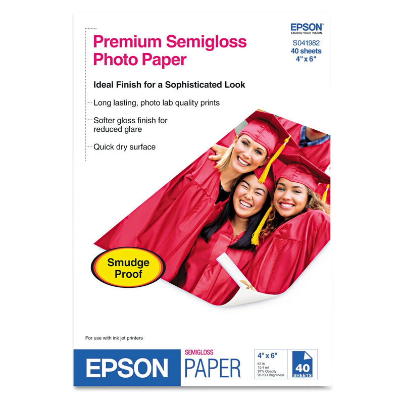Epson Premium Semigloss Photo Paper, 7 mil, 4 x 6, Semi-Gloss White, 40/Pack