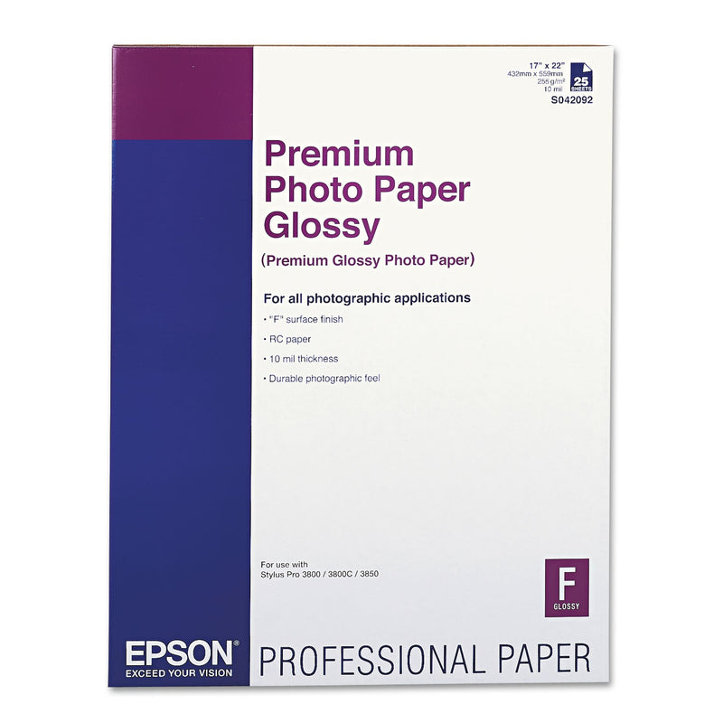 Epson Premium Photo Paper, 10.4 mil, 17 x 22, High-Gloss White, 25/Pack