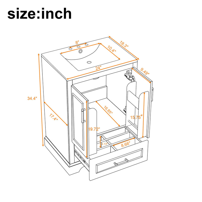 Bathroom Vanity With Sink, 1 Divided Drawer And 2 Soft Close Doors With Double Shelf