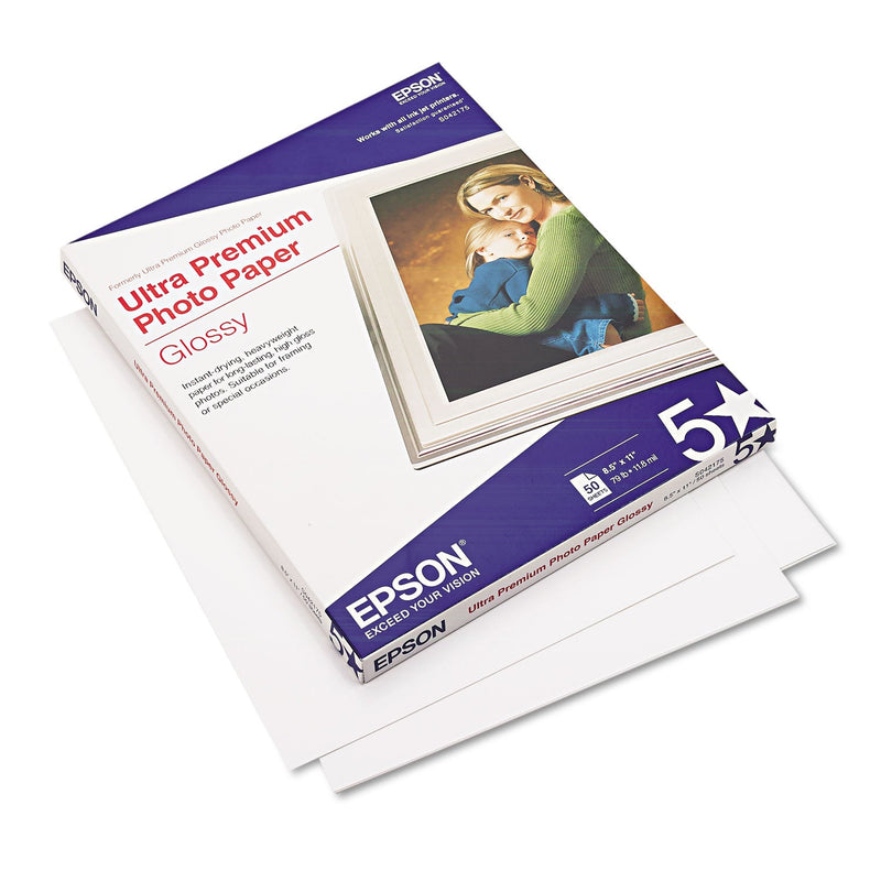 Epson Ultra Premium Gloss Photo Paper, 11.8 mil, 8.5 x 11, Bright White, 50/Pack