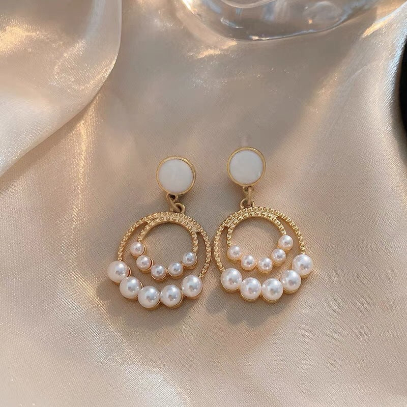 Pearl Paved Double Round Circle Earring