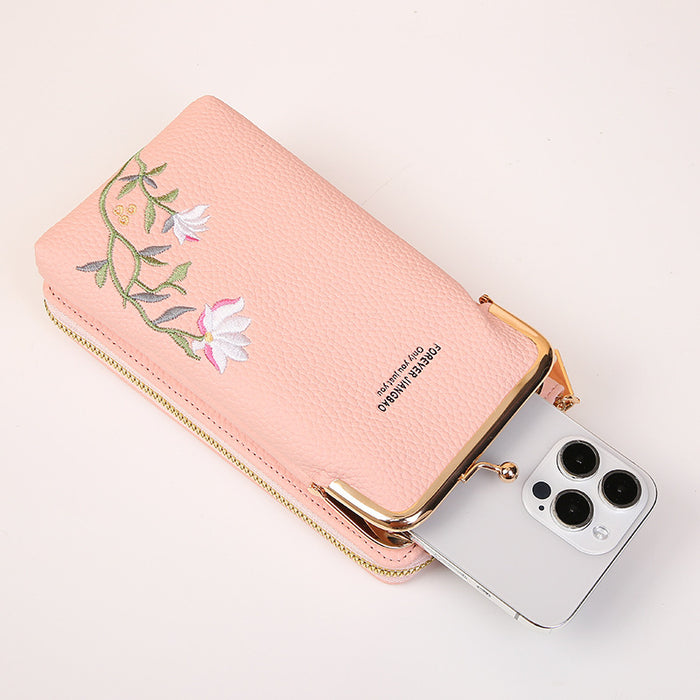Flower Embroidery Phone Bag With Lock Buckle Outdoor Long Wallet Fashion Shoulder And Crossbody Bags