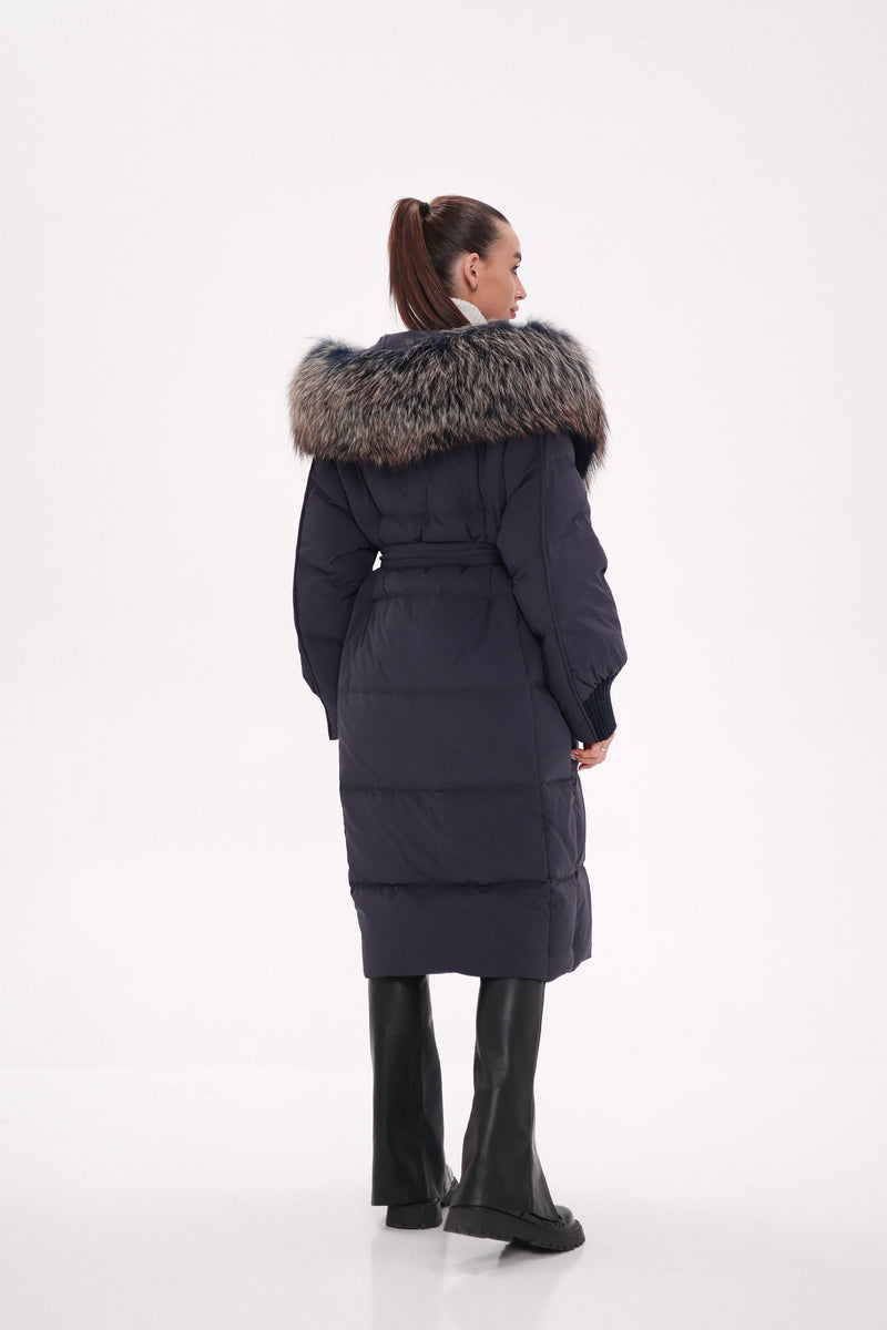 Rei Genuine Fur Trim Hooded Down Coat in Navy