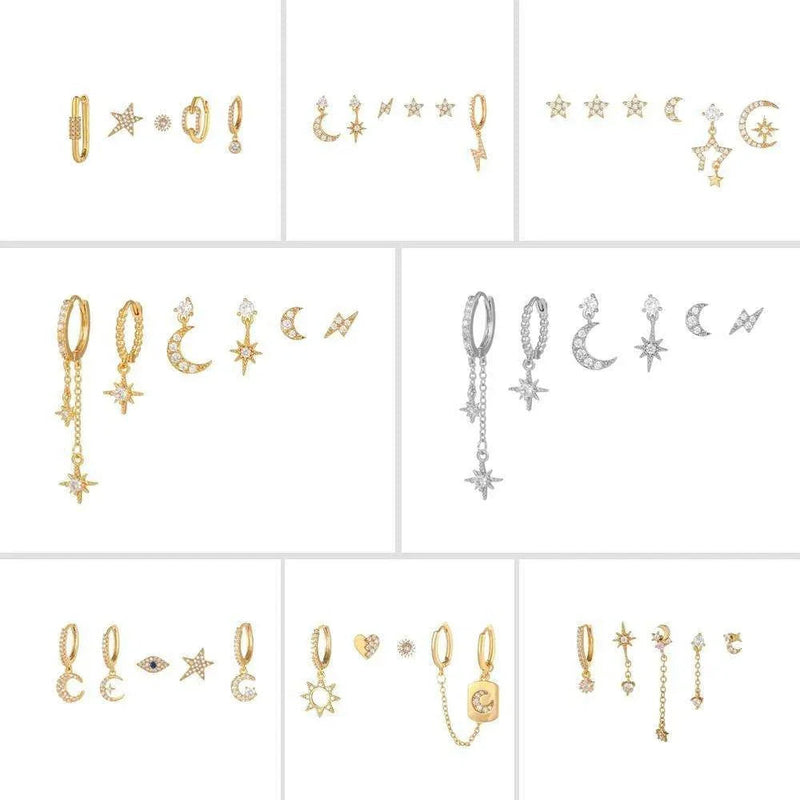 6pcs Celestial Star Moon Earrings Set, S925 Silver Posts, 18K Gold & White Gold Stud Drop Hoop, Stacked Lobe CZ Jewelry Gift Cubic Zirconia