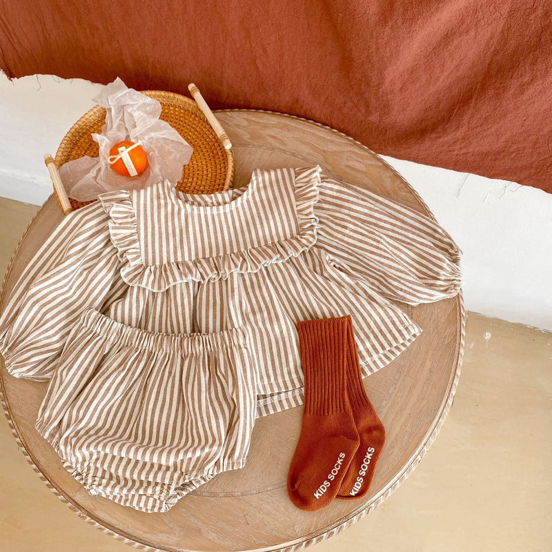 Cotton Baby Ruffle Collar Striped Long Sleeved Skirt Bread Pants Set