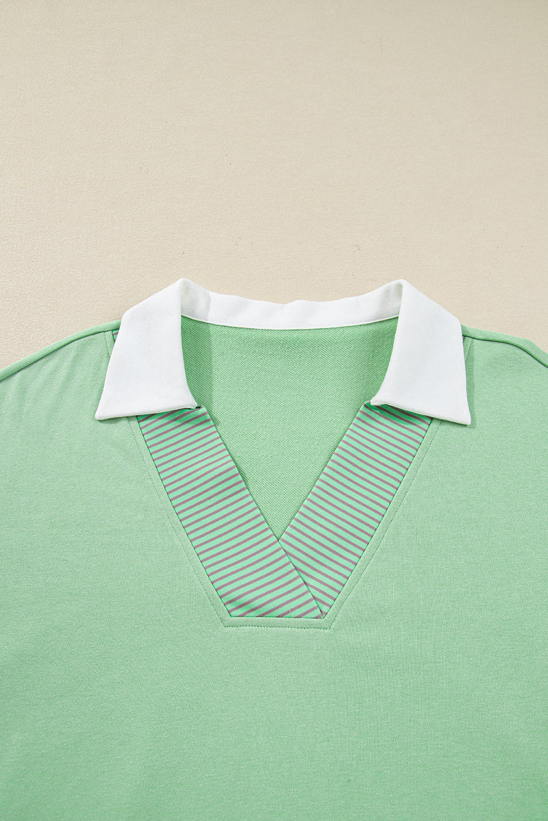 Moonlight Jade Color Block Striped Patchwork Collar V Neck Plus Size Sweatshirt