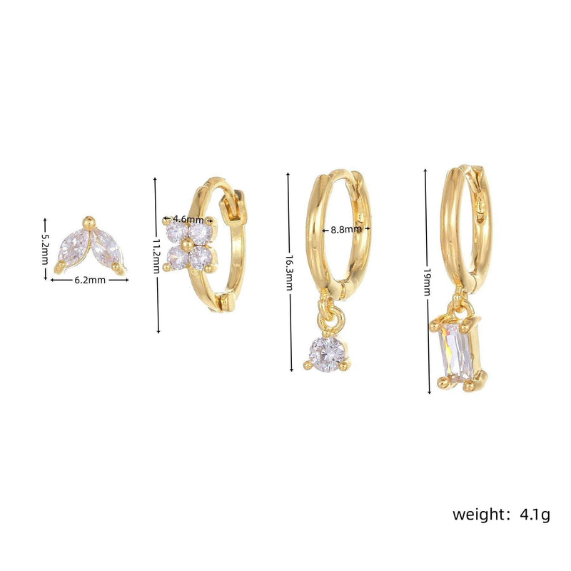 Stacking 4 Pieces Geometric Zircon Stud Earring Set, 18k Gold Plated Ear Studs and Drops, Trendy Sweet Cool Earrings, S925 Needle, Stacked Lobe Designs with Dazzling Zirconia