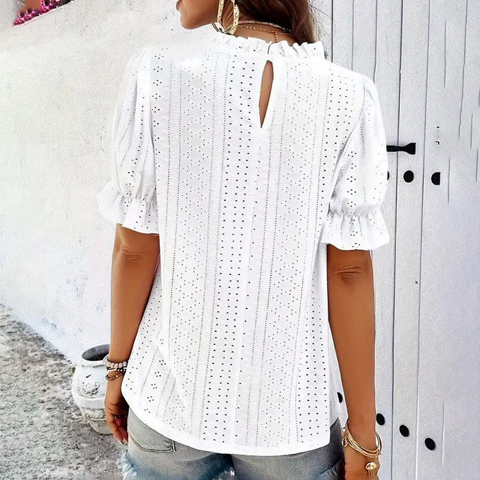Women's Elegant Ruffle Detail Blouse Short Sleeve Round Neck Top